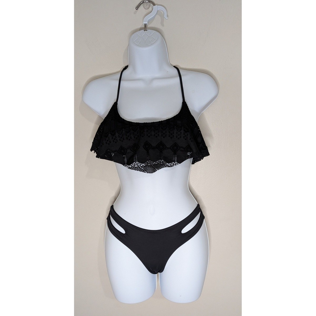 Volcom Black Crochet Lace Flounce Bikini Set Strappy Cage Back Cutout Small View 2
