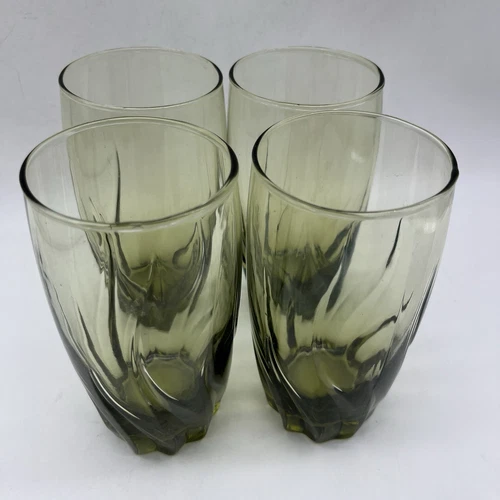 Vintage Anchor Hocking Green Central Park Swirl Wave Glasses MCM Set Of 5 (6”)