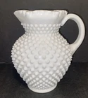 Vintage Fenton Hobnail White Milk Glass Large Crimped Ruffled Rim Pitcher