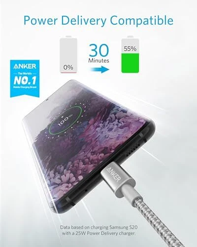 CABLE ANKER USB C A C, CABLE DE CARGA RÁPIDA TIPO C 60W (6 PIES, PAQUETE DE 2) - PLATEADO - Imagen 2 de 5