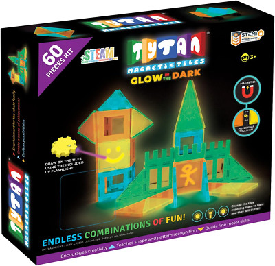 Tytan Glow Tiles Magnetic Building Set 2.0   60-Piece STEM Learning Toy with UV 