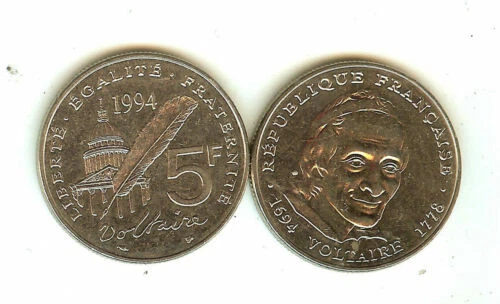 Pièces de monnaie françaises de 5 francs en nickel, sur voltaire