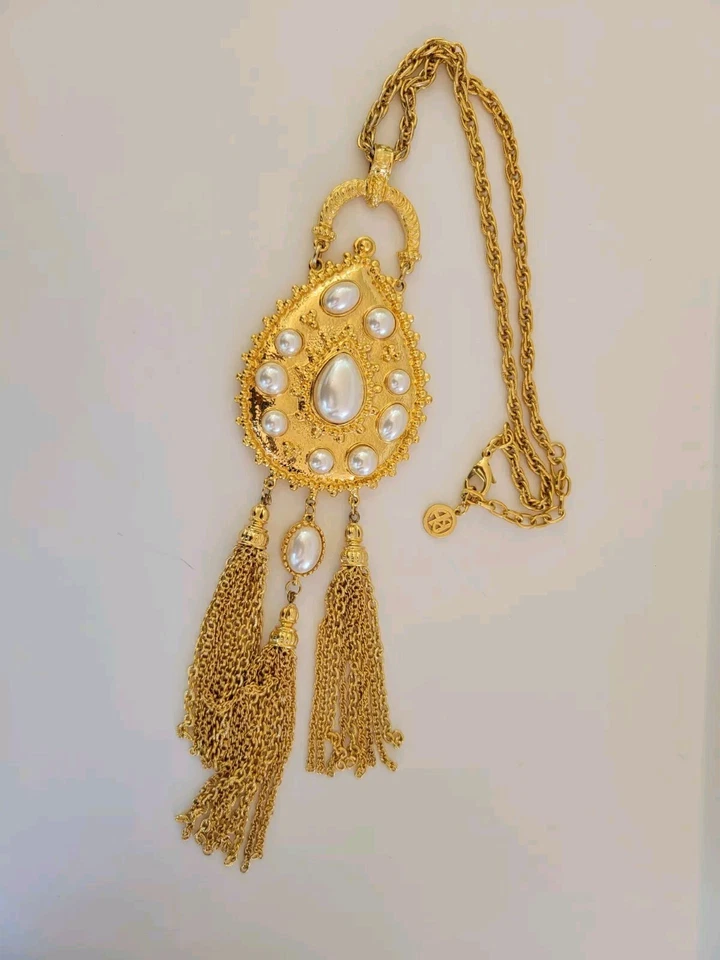 Long Etruscan Style Faux Pearl Chain Tassel Bold Retro Necklace 24" Signed BH - Image 3 of 4