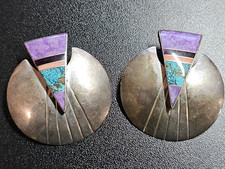 Large Vtg Sterling Silver Native Signed Ray Tracey Inlay Earrings