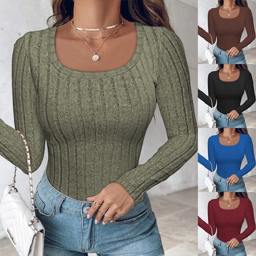 Women Ribbed Long Sleeve T Shirt Tops Ladies Casual Slim Fit Blouse Pullover