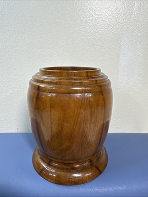 Vtg WOOD Turned VASE URN Container W Lid Office Pen Holder Makeup Art Brushes