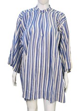 Doen Women's White & Blue Vertical Stripe Pleated Silk Short Mini Dress Size XL