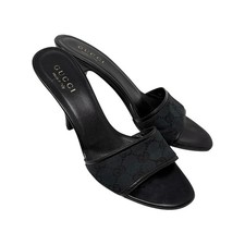 GUCCI Vintage GG Monogram Open Toe Sandals 37.5 Black Heels Canvas