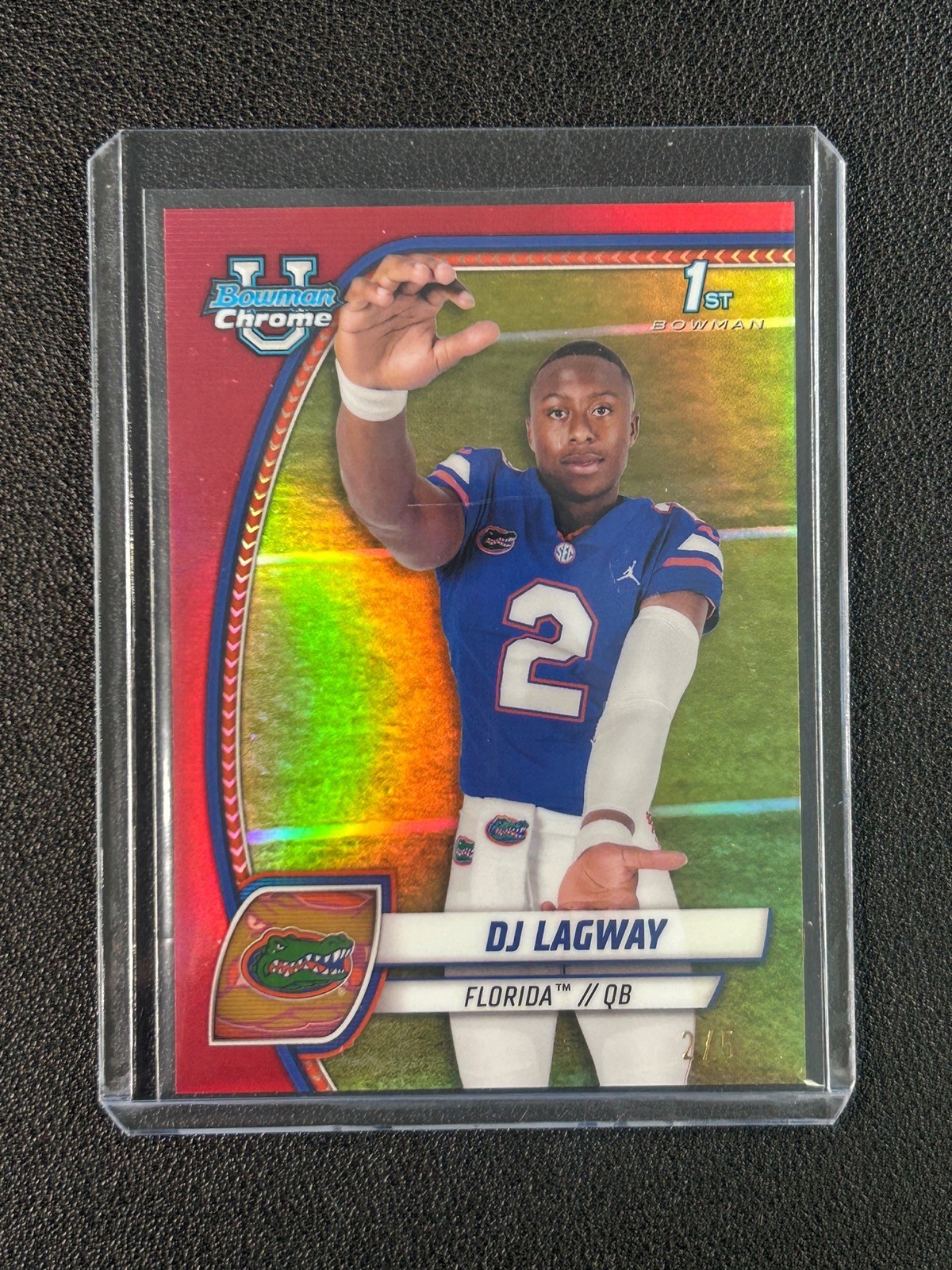 DJ LAGWAY 2024 BOWMAN UNIVERSITY U CHROME #63 1ST TRUE RED REFRACTOR JSY# 2/5