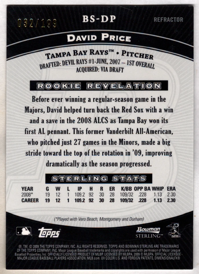 David Price 2009 Bowman Sterling Refractor RC /199 - Image 2 of 2