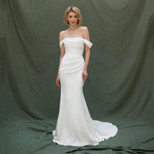 Simple Off The Shoulder Pleat Satin Mermaid Wedding Dress Side Slit Bridal Gown