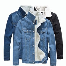 Mens Denim Winter Thick Fur Lined Jacket Coat Fleece Denim Jacket Outwear UK