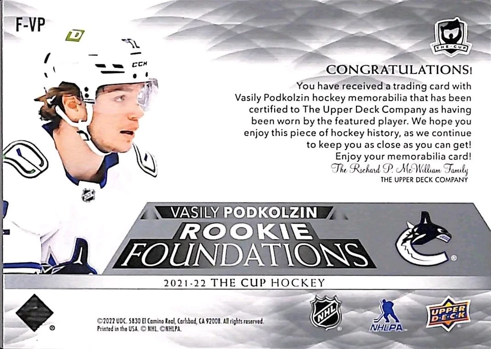 2021-22 Upper Deck The Cup Rookie Foundations Vasily Podkolzin #F-VP Jersey /99 - Image 4 of 4