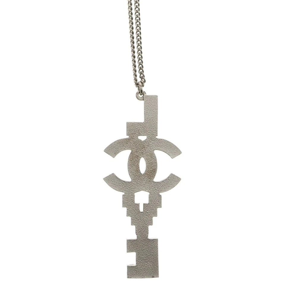 CHANEL Baguette Crystal Coco Love CC Pendant Necklace 08 P Logo Silver Used d9eb - Image 3 of 4