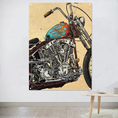 Vintage Motorcycle Engines Flag Wall Art Canvas Painting Garage Man Cave Decor