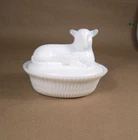Vintage Westmoreland Milk Glass Lamb Covered Nesting Dish Split Ribbed Base