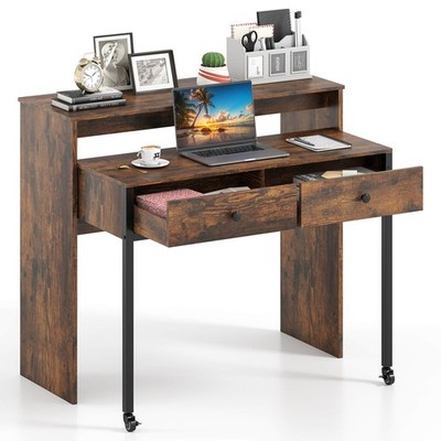 39.5'' Expandable Rolling Computer Desk w/Monitor Shelf 2-tier Desktop 2 Drawers