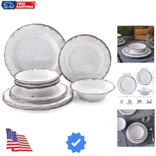 Vintage White Melamine Dinnerware set-12 Piece Lightweight Unbreakable Outdoo...
