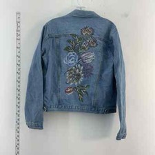 Glamorous Blue Biker Floral Painted Design Denim Jean Jacket - Women's L