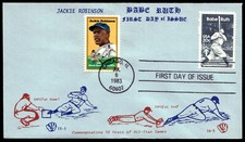 1983 FDC Babe Ruth & Jackie Robinson EC Cachet-Multi Stamp-Blue/No Insert