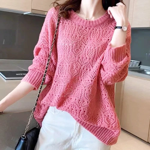 Lady Hollow Knitted Sweater Thin Round Neck Crochet Pullover Casual Sweet Jumper - Picture 3 of 16