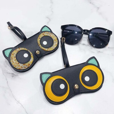 Sonnenbrillenetui tragbares Sonnenbrille Tasche Leder Brillentasche Eule Katze