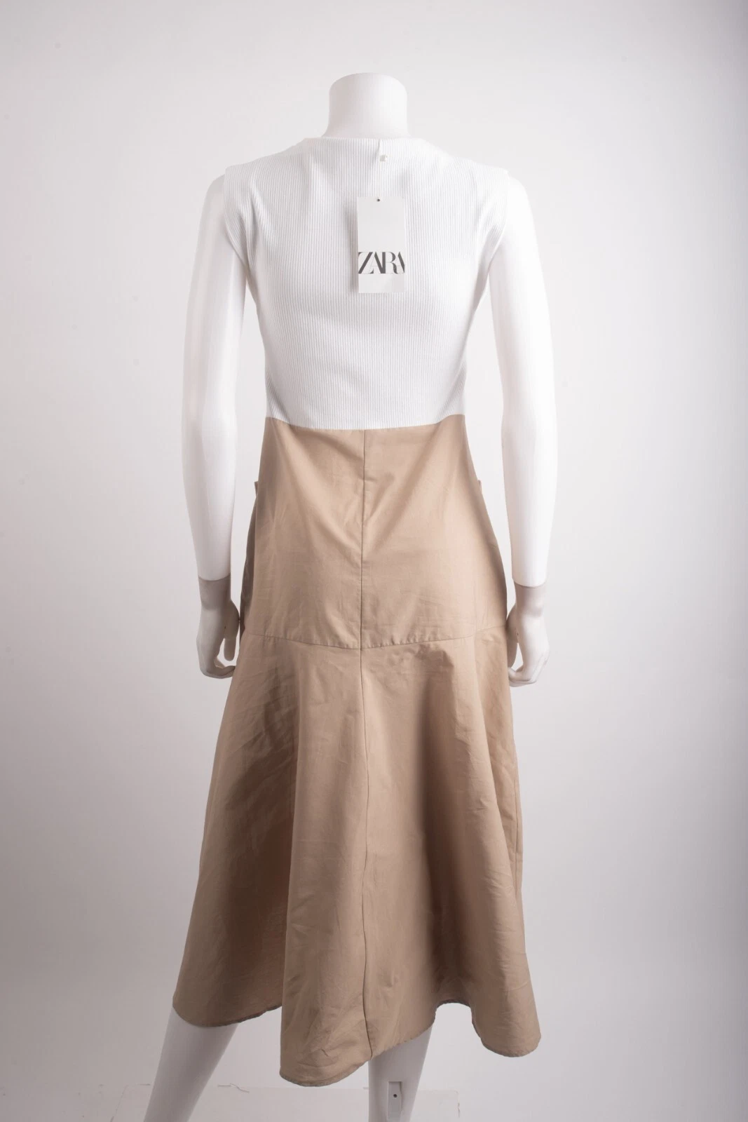 OFF WHITE Abito donna Zara midi linea A taglia M bianco kaki tasche grandi 0264 465 nuovo con etichetta