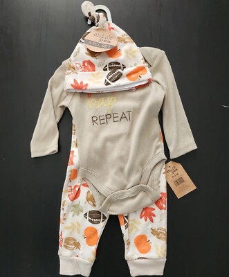 Chick Pea 3 Pc Set ''Football Nap Repeat'' Long Sleeve Bodysuit, Pants and Beanie