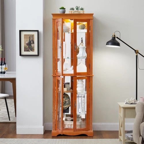 70"H Lighted Curio Cabinet Wooden Display Cabinet,Vintage Accent Storage Cabinet - Picture 9 of 39