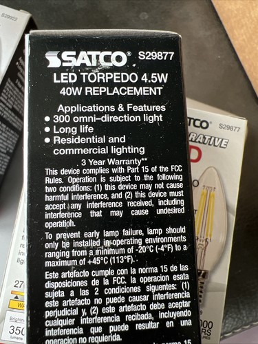 5 PACK OF Satco S29877 - 4.5W CTC/LED/27K/CL/90CRI B10 Candelabra E12 base - Picture 4 of 5