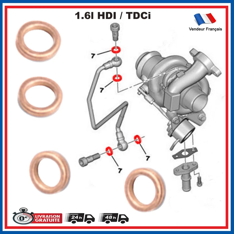 4 JOINTS Tuyau Graissage Huile Turbo C3 C2 206 207 307 308 407 5008 1.6 1.6L HDI - Photo 1/3