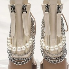 Women's Boot Chain Anklet Set   Silver Metal  Pearl Charm Shoe Jewelry Set of 2