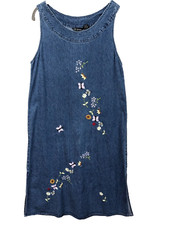 VTG Denim Floral Embroidered Midi Dress Womans L Blue Jean Sleeveless Bohemian