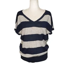 Lucky Brand Top Womens XS Grey Blue Striped V Neck Short Sleeve Shirt