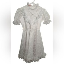 Vintage Girls Merry Girl Party Dress White Lace Ruffle Pearl Necklace Zip Back