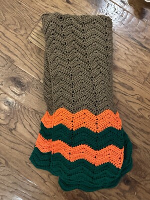 Vintage 1970S Look  Crocheted Afghan  Brown orange green Hunter colors Retro Rar
