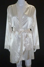 Frederick's of Hollywood Satin Silky Cream Lace Trimmed Robe Sz S Short Sexy