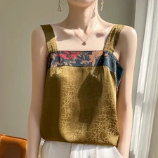 Women Satin Camisole Retro Sleeveless Tank Top Jacquard Strap Vest
