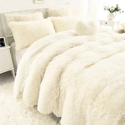 QUALITY NEW! ~ ULTRA SOFT COZY PLUSH MODERN CHIC IVORY FUR SHAGGY LUXURY COMFORTER SET
