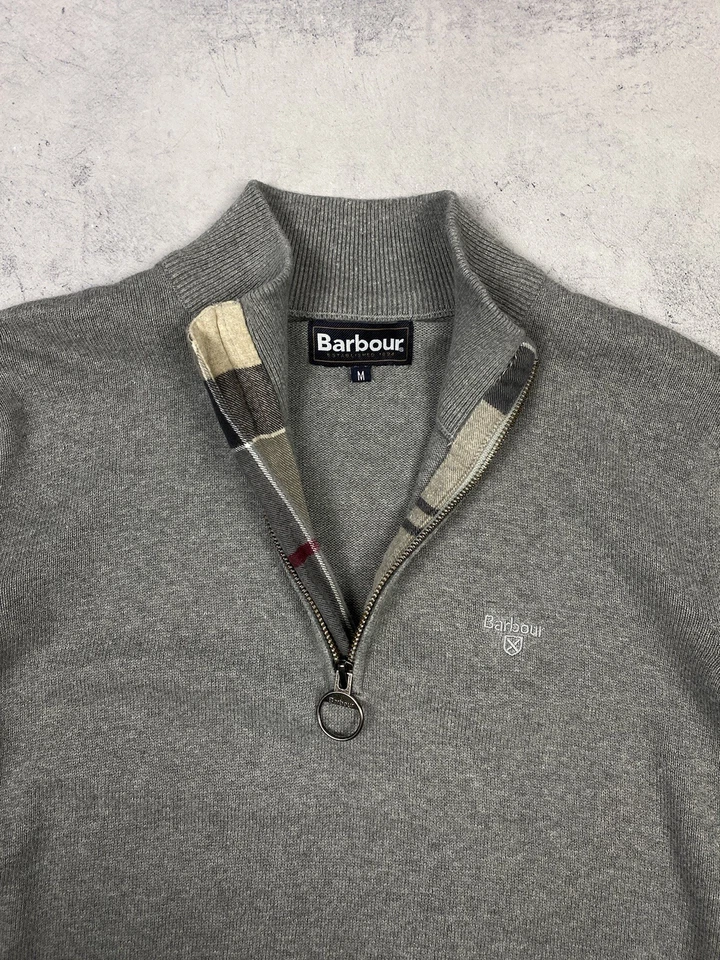 Barbour Jumper Mens Medium Gray Nova Check Half Zip Neck Cotton Sweater Knit - Image 4 of 4