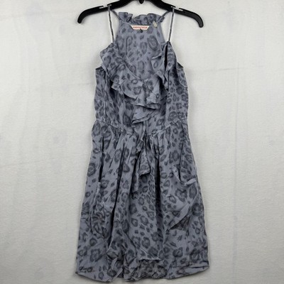 Rebecca Taylor Women's Gray Leopard Print Silk Ruffle Sleeveless Dress