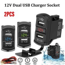 12V Dual USB Charger Socket LED Voltage Voltmeter Rocker Switch Panel Boat 2PCS