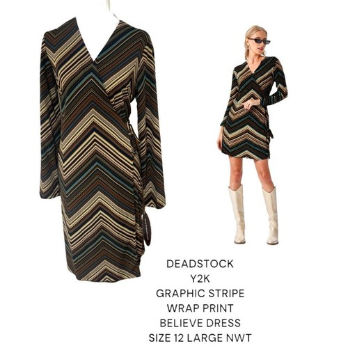 VINTAGE DEADSTOCK Y2K WRAP DRESS BELIEVE STRIPE GRAPHIC SIZE 12 LARGE NWT