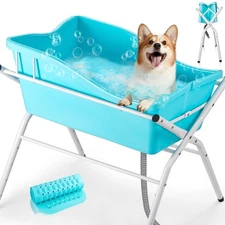 36 Inch Blue Pet Bathing Tub Adjustable Height Collapsible for Dogs Cats