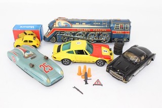 F x 5 Vintage Tin Plate Battery Toys Inc Schuco Porsche 911R Falcon Train Etc