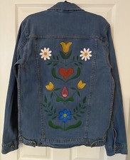 Hand Painted Ladies Denim Jacket - Folk Flowers Floral Design - Uk 16 (10 12 14)