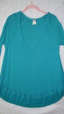 We the Free Sweater Women's M Green Oversized V-neck Long Sleeve Waffle Knit
