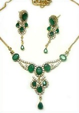 3.82ct Natural Round Diamond 14k BIS Hallmarked White Gold Emerald Necklace Set