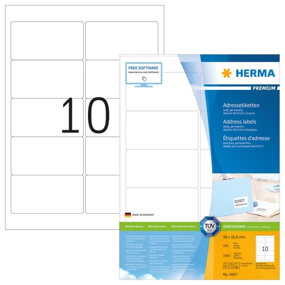 Herma 4667 Adressetiketten Premium A4 96X50,8 Mm Weiß Papier Matt 1000 St.-image