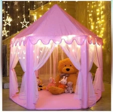55"x53" Kids Princess Castle Pink Playhouse Tent for Girls with LED Star Lights